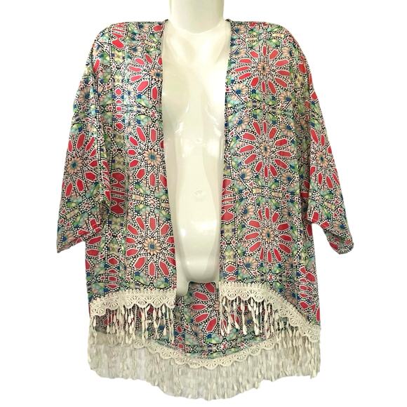 Gianni Bini Women's Colorful Print Duster Semi Sheer w/ Lace Hem | Size XS - Picture 1 of 8